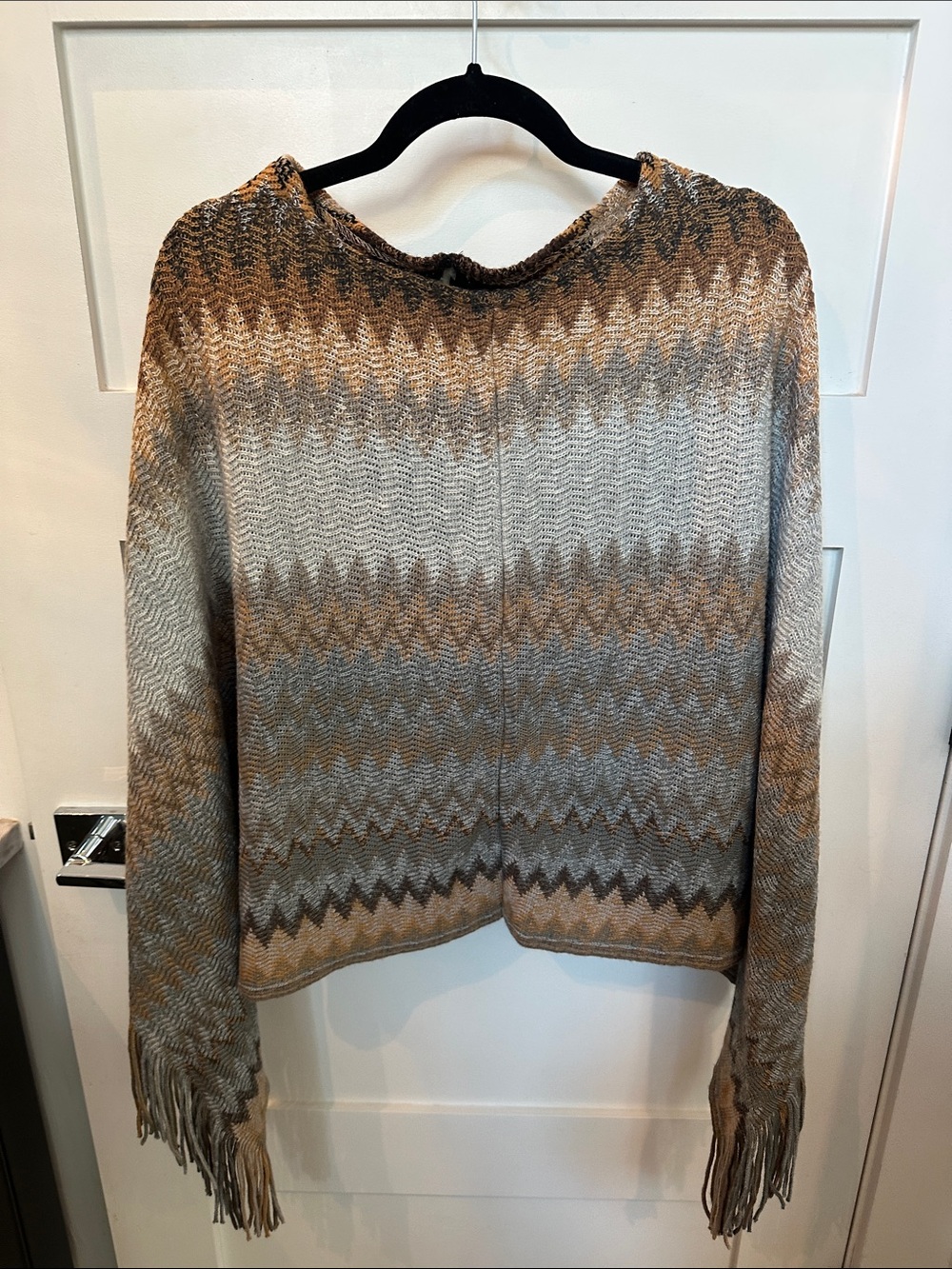 Chevron Knit Fringe Pullover in Taupe and Beige